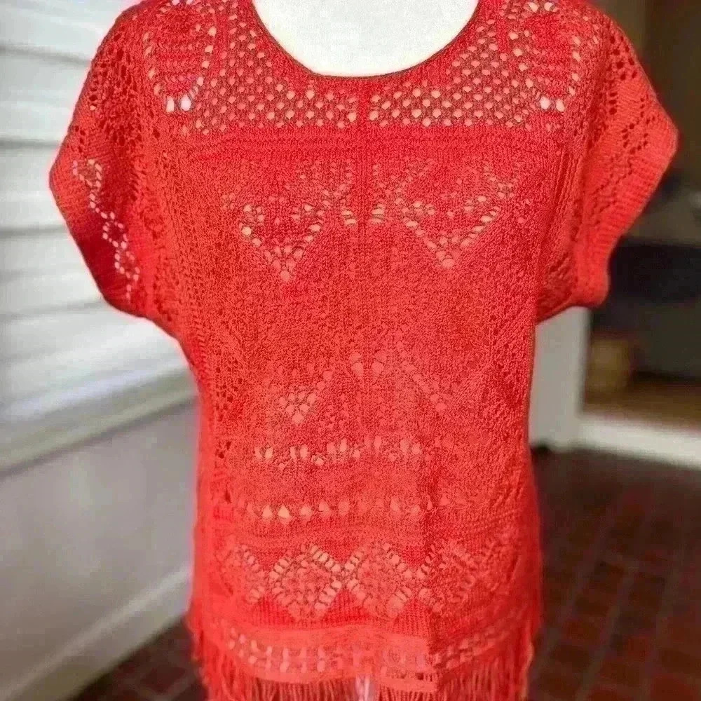 CHICO'S Alana Fringe Pullover Crochet Sweater in Red Orange | Size 1 - Picture 2 of 6